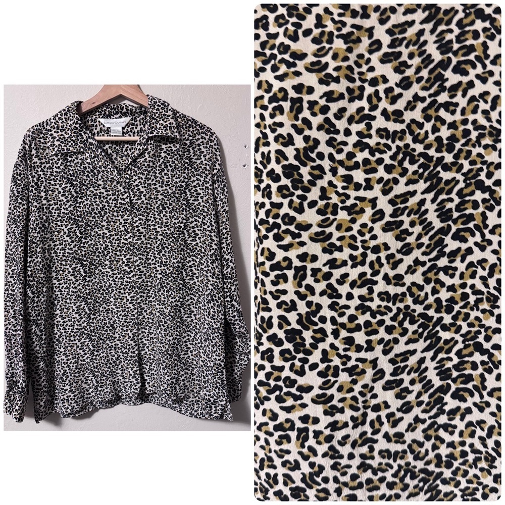 Vintage Casual Corner animal print 100% silk button down blouse Size Large